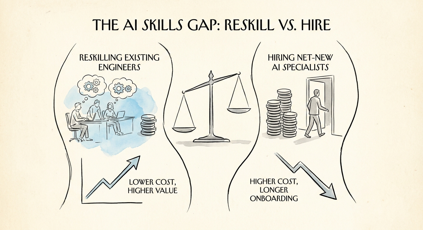 Cost comparison chart illustrating the financial advantage of reskilling existing software engineers versus hiring net-new AI specialists
