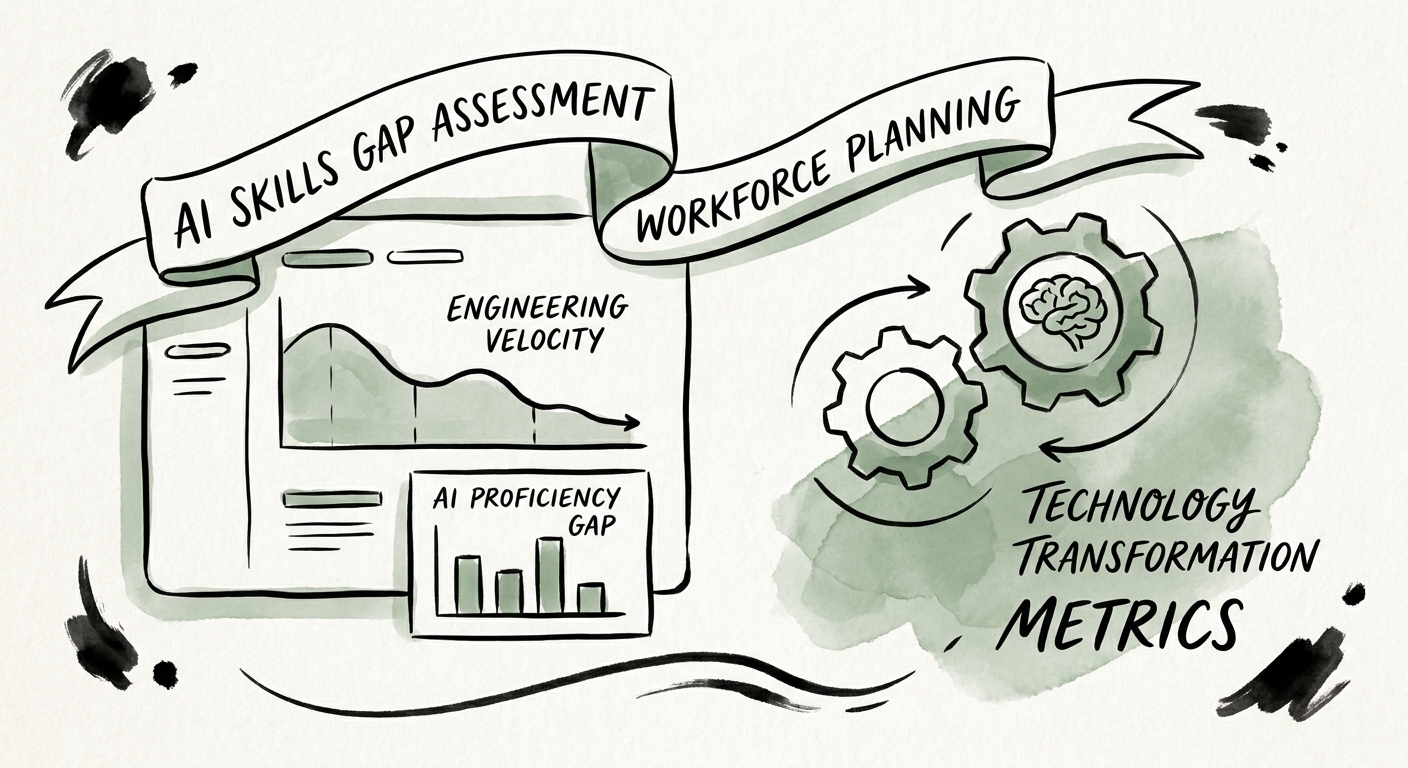 Executive dashboard showing engineering velocity drops and AI skills gap assessment metrics in a technology transformation initiative
