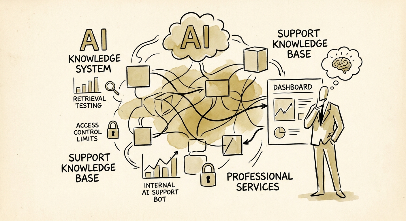 Knowledge base workflow showing document intake, source approval, retrieval, answer drafting, and human review for professional services support.