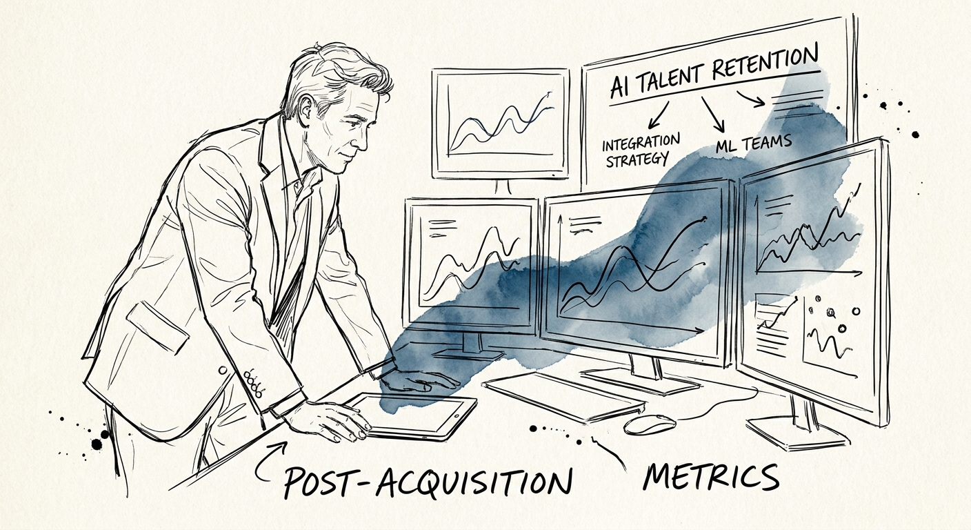 Private equity operating partner analyzing AI talent retention metrics on a dashboard.