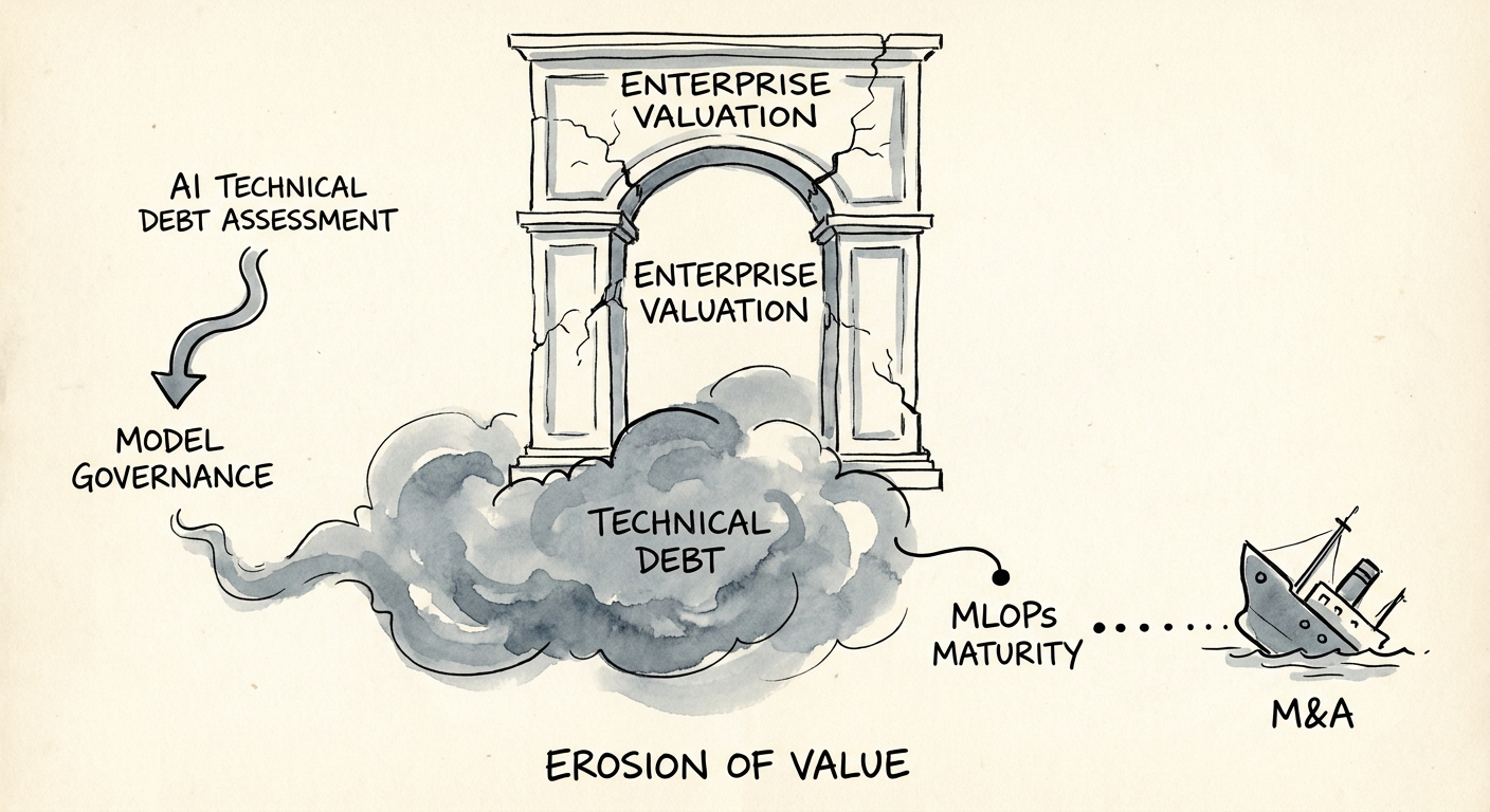 A conceptual diagram showing MLOps technical debt eroding enterprise valuation in tech M&A