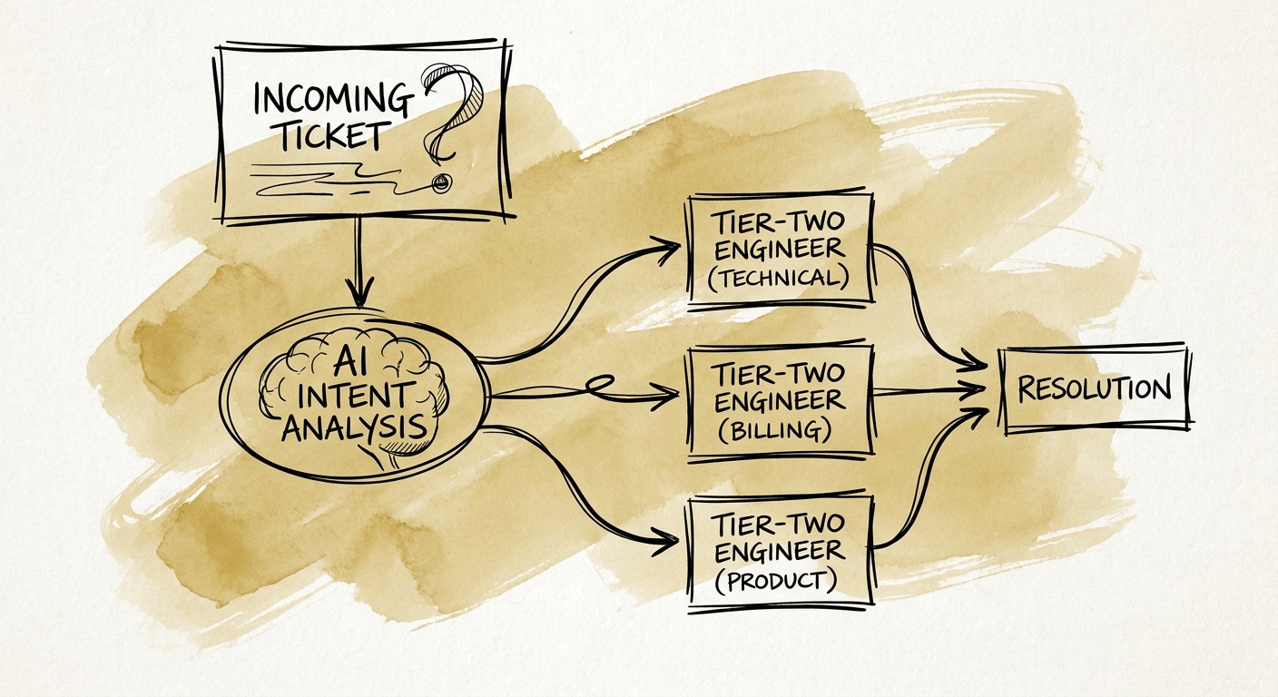 Customer ticket triage workflow showing classification, summary, routing, and human review.