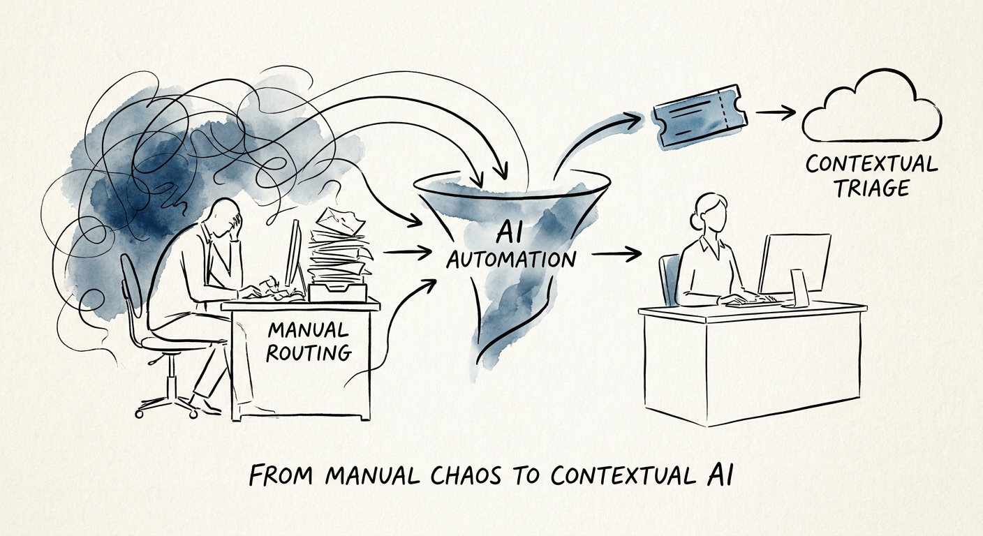 AI ticket triage workflow showing issue classification, customer context, owner routing, escalation rules, and review.