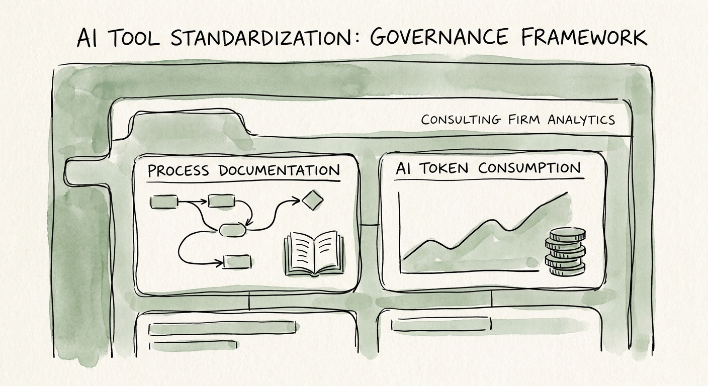 Dashboard showing process documentation and AI token consumption tracking for a professional services firm