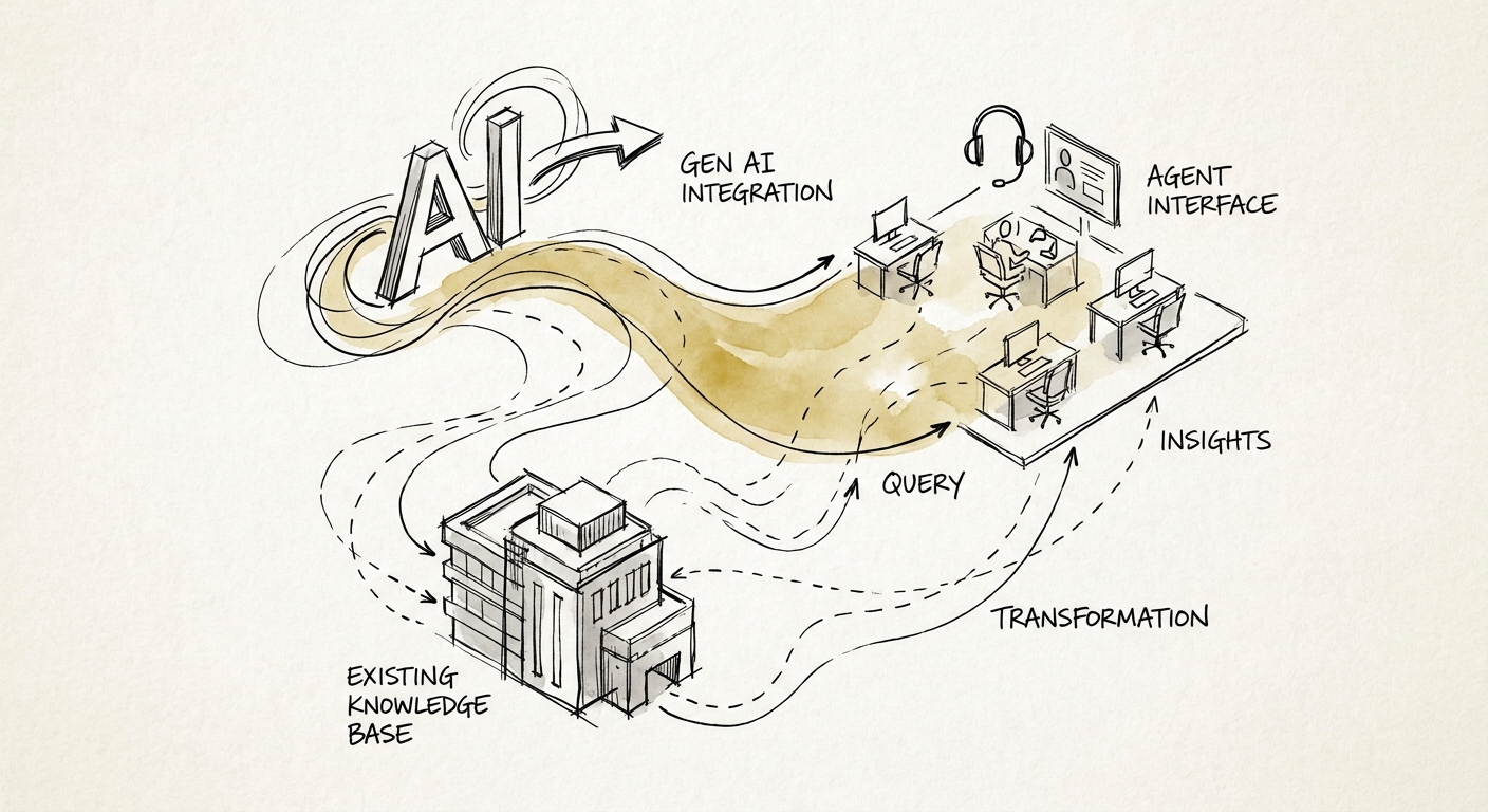 Workflow map showing sources, review rules, and value measures for call center AI transformation.