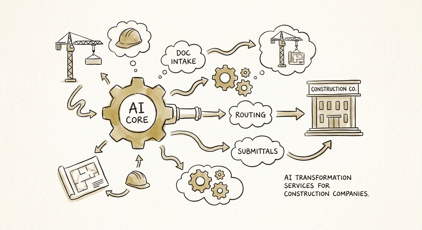 Workflow map showing sources, review rules, and value measures for construction AI transformation.