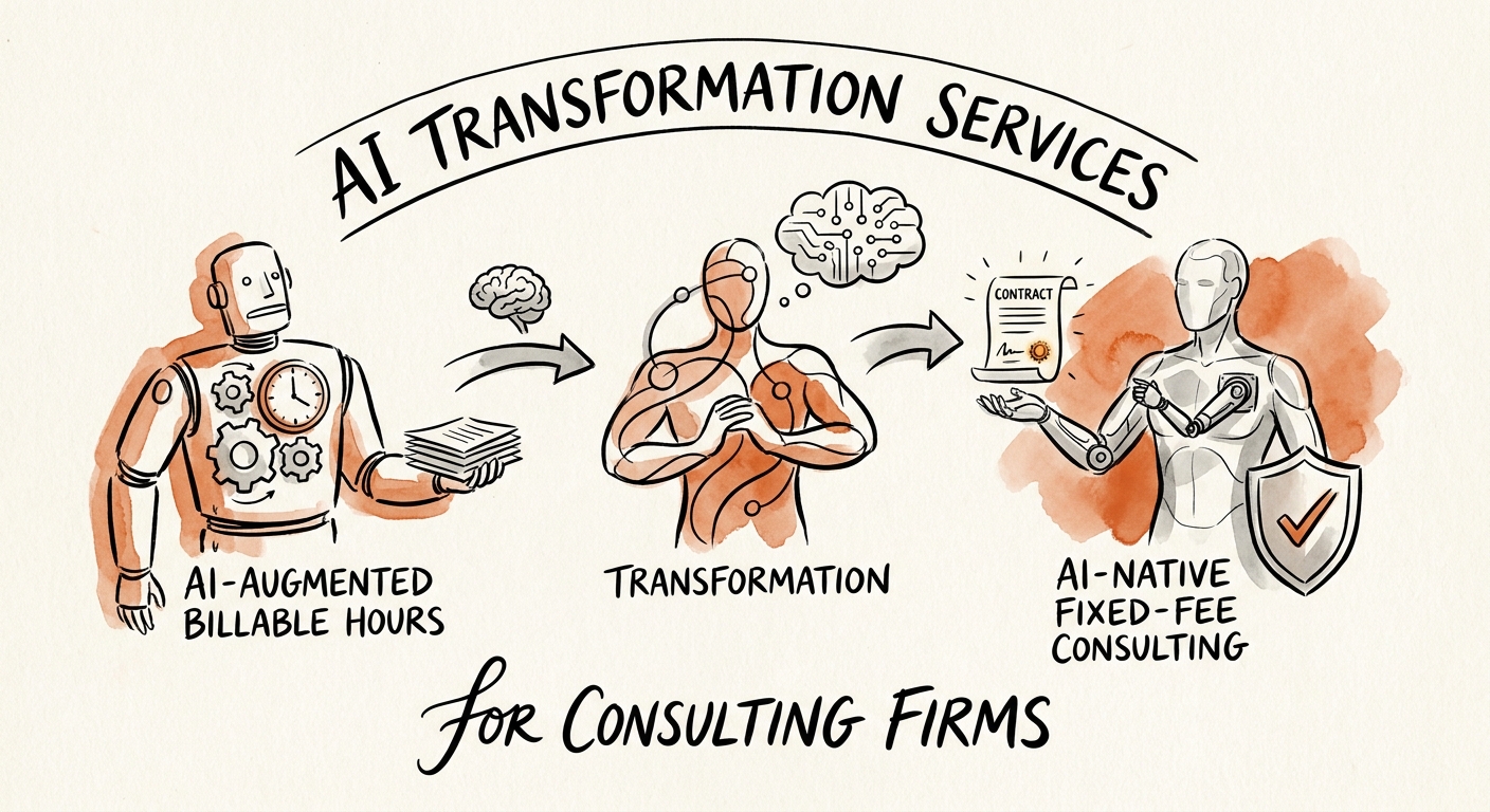 Workflow map showing sources, review rules, and value measures for AI transformation services.