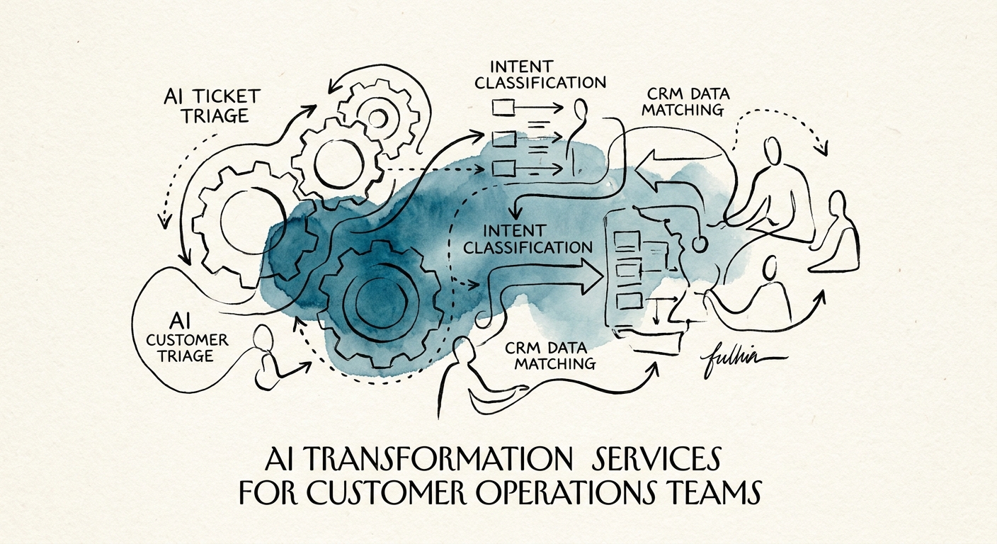 Workflow map showing sources, review rules, and value measures for customer operations AI transformation.