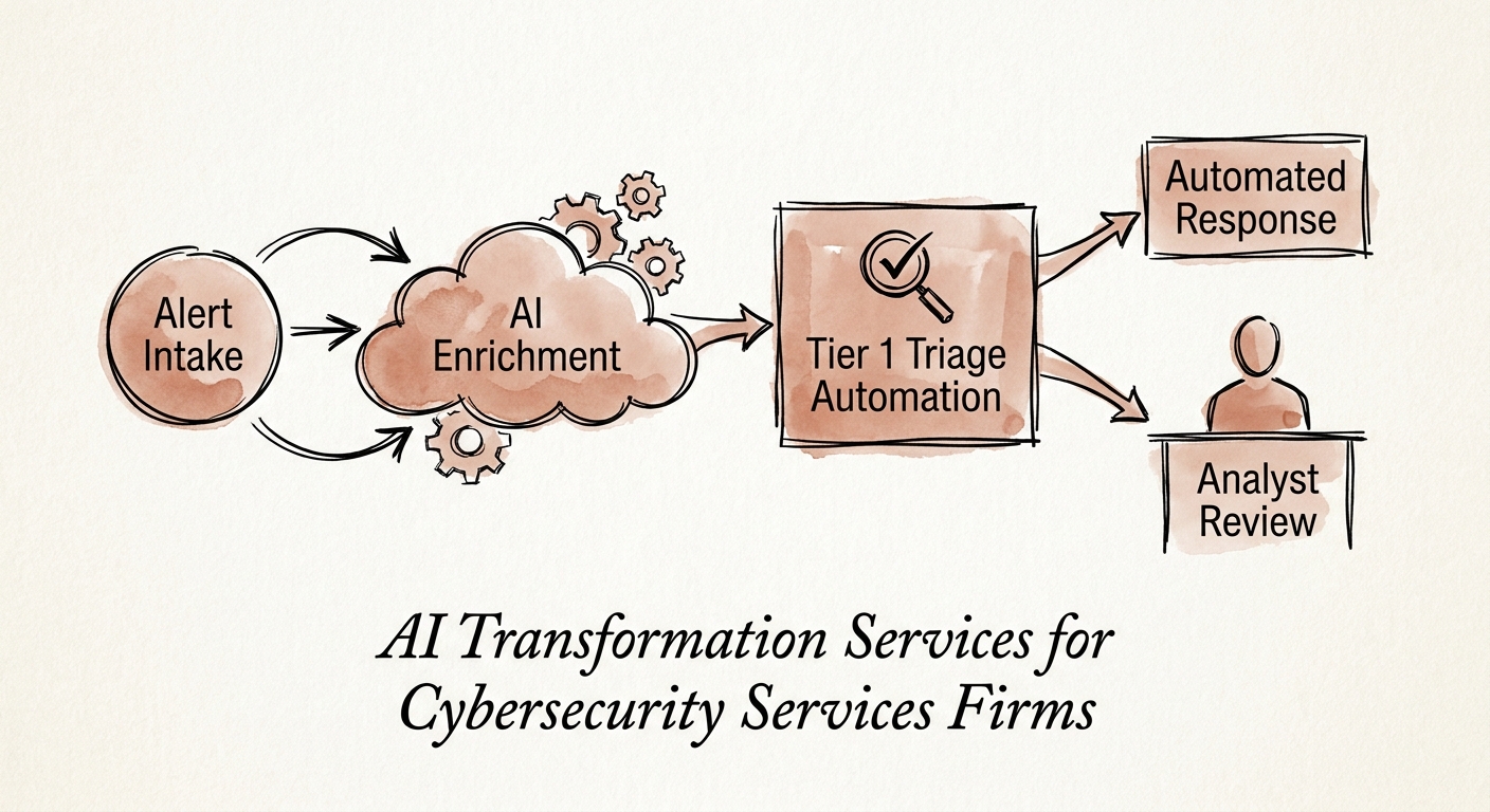 Cybersecurity AI workflow diagram connecting SIEM alerts, enrichment, analyst review, and client reporting controls.