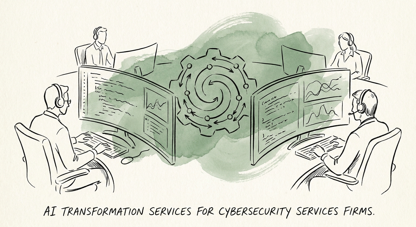Cybersecurity operations team reviewing AI-assisted alert triage, incident evidence, and client reporting workflows.