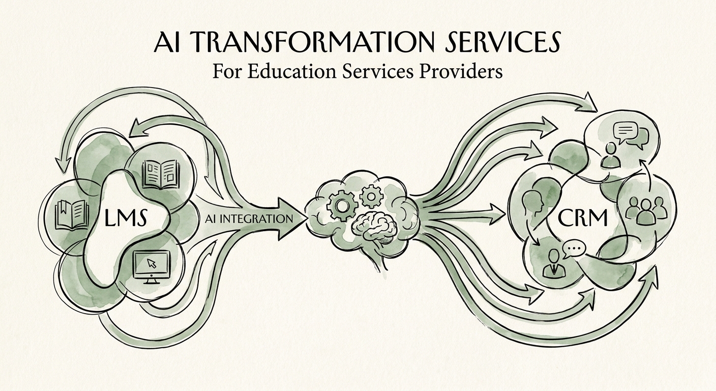 Education AI transformation map connecting administrative intake, advising support, records, and human review controls.