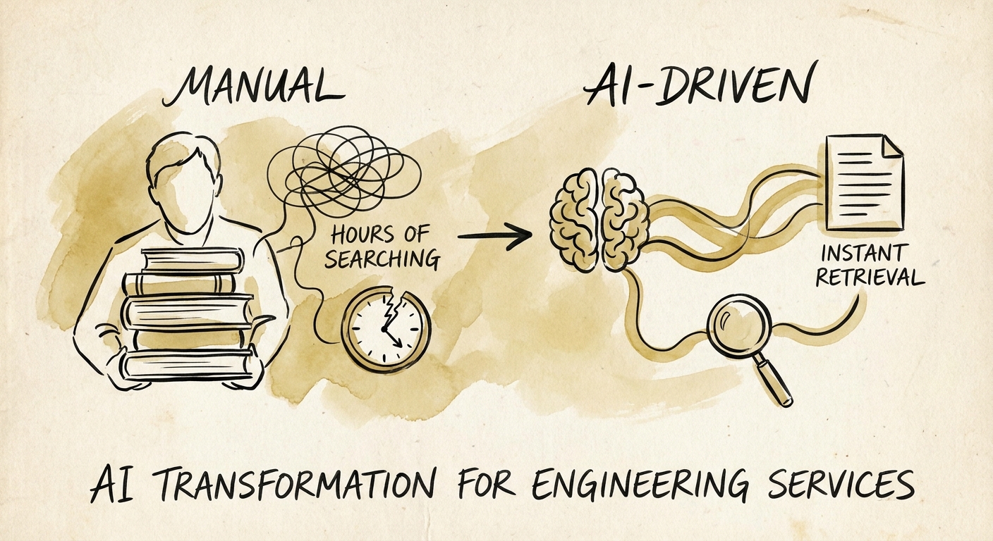 Engineering AI workflow map linking project intake, source documents, change requests, review owners, and delivery metrics.