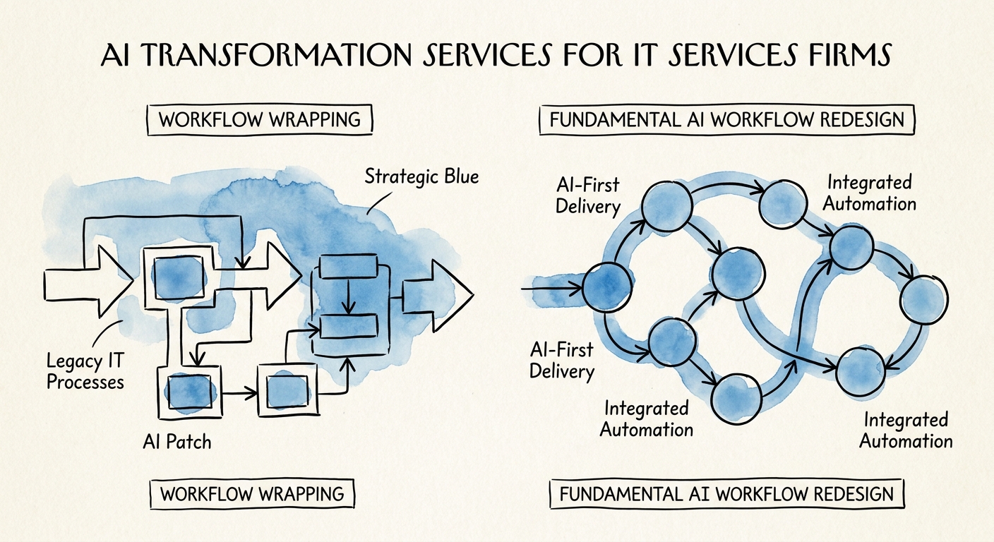 IT services AI transformation workflow connecting delivery process, human review, client outcomes, and measurement.