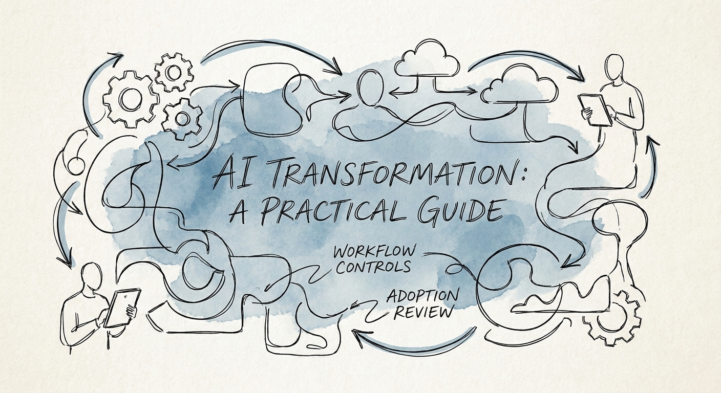 AI transformation workstream connecting roadmap, workflow redesign, governance, training, and measurement.