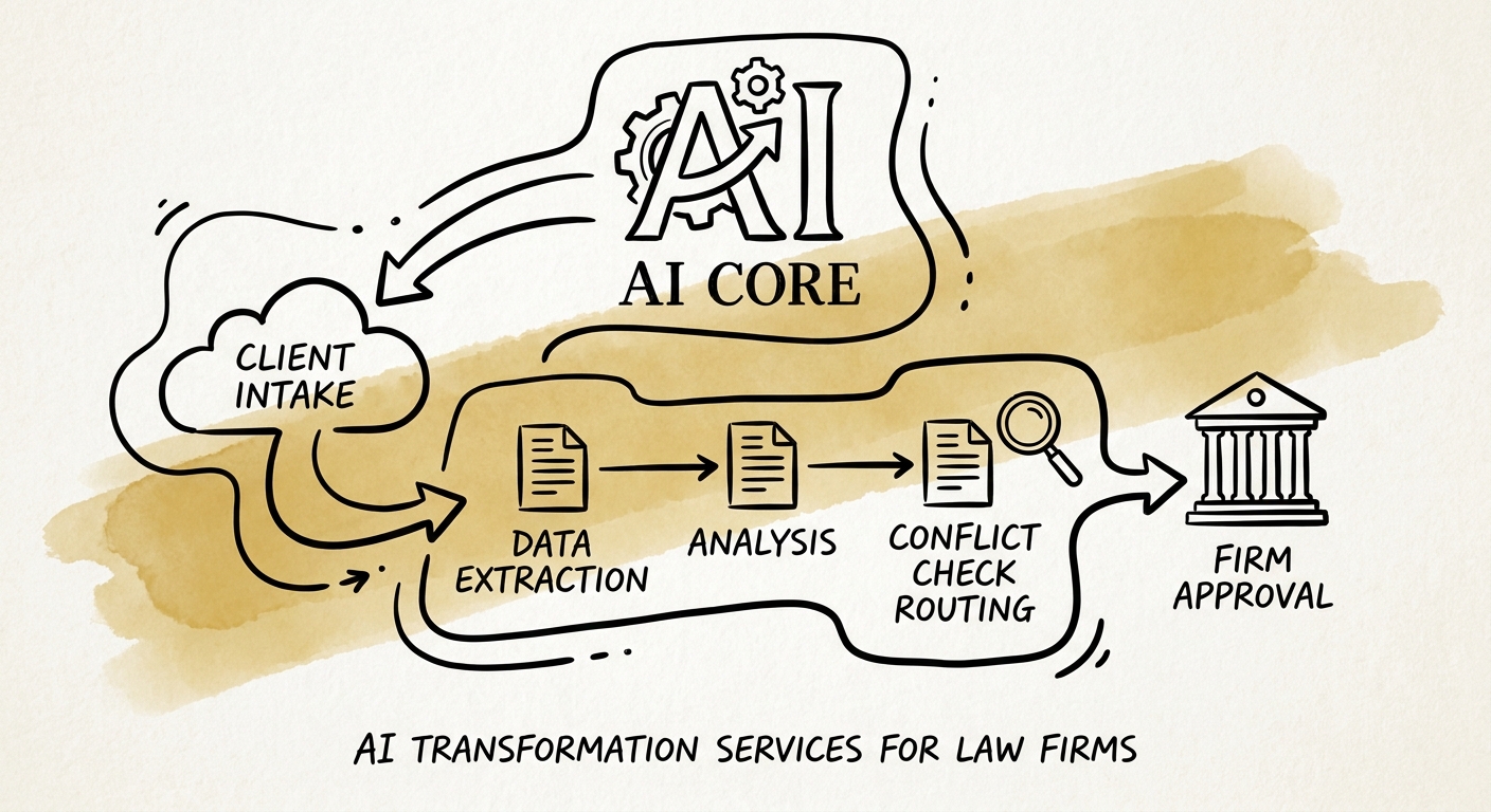 Governed law firm AI workflow showing client data boundaries, review rules, and matter operations.
