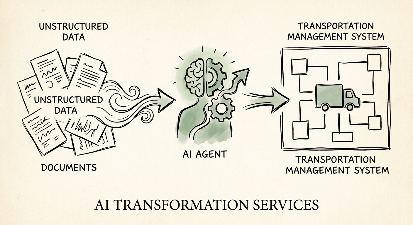 Workflow map showing sources, review rules, and value measures for logistics AI transformation.