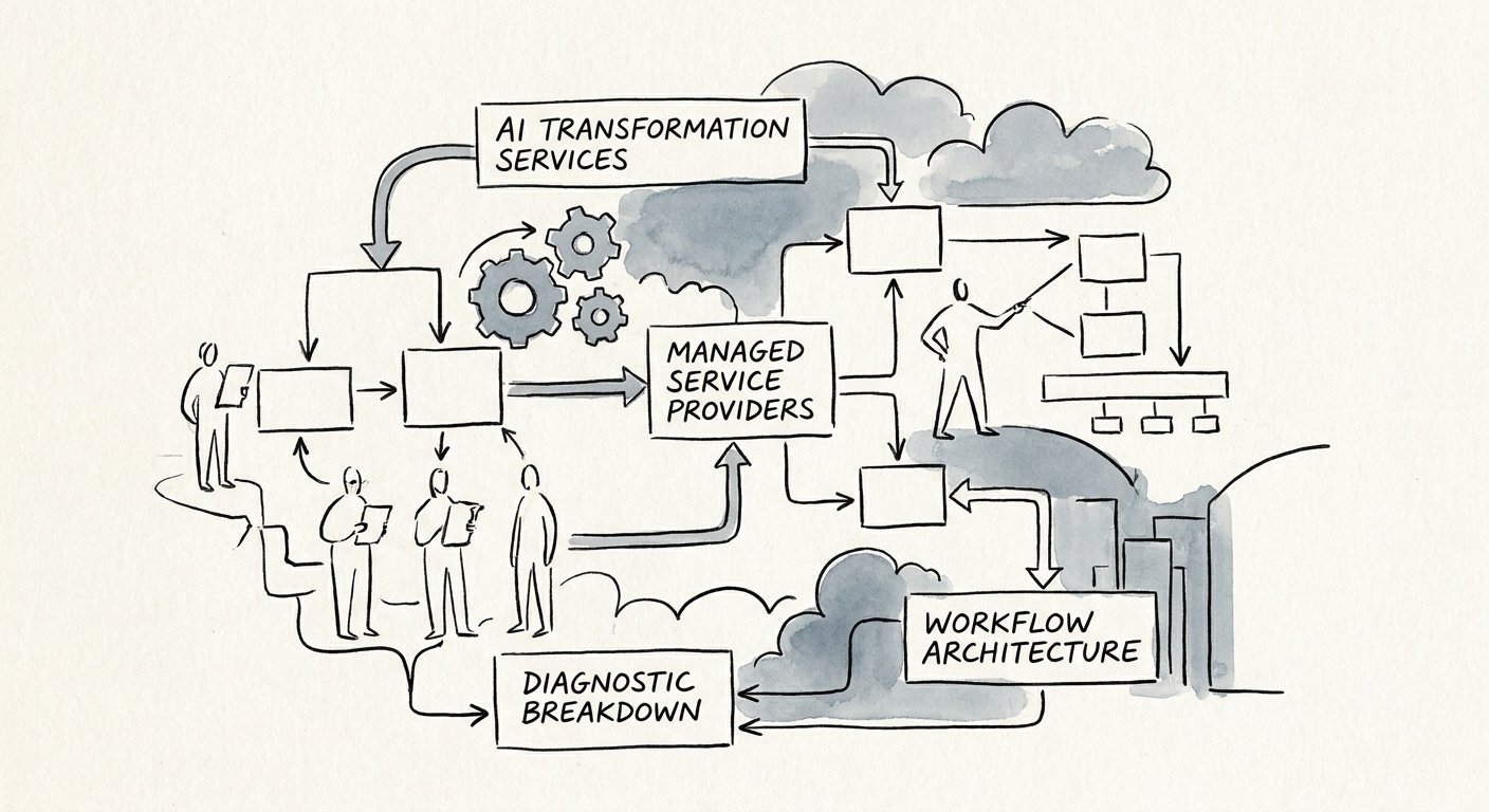 Managed service provider leadership team reviewing AI transformation workflows across service desk, dispatch, and knowledge operations.
