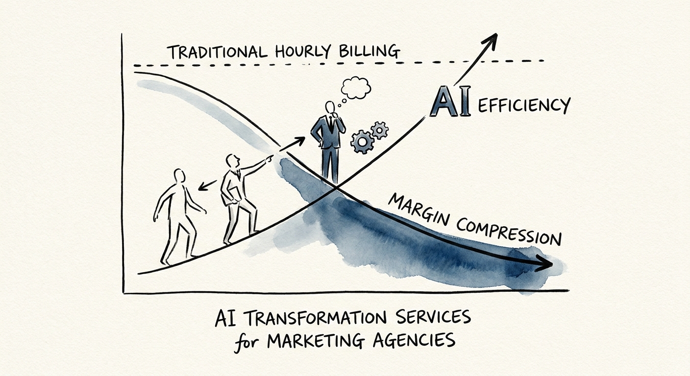 Agency AI transformation workflow showing client brief intake, campaign reporting, account research, QA review, follow-up, and approval.