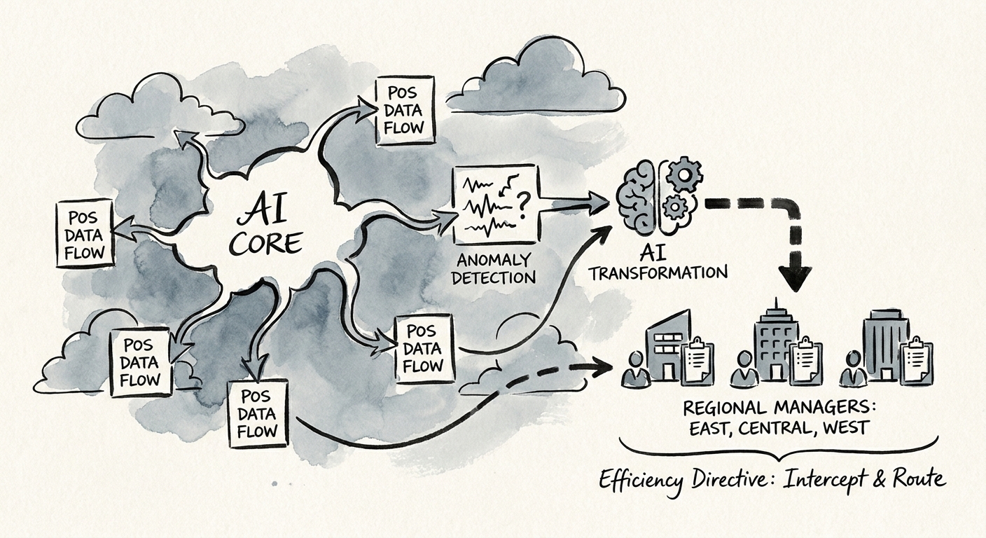 Workflow map showing sources, review rules, and value measures for multi-location retail AI transformation.