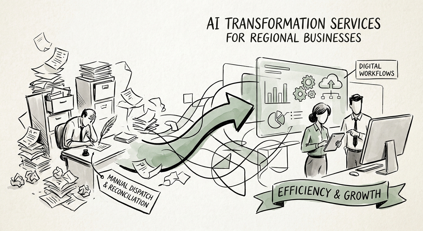 Leadership team reviewing a governed AI workflow plan for regional business.