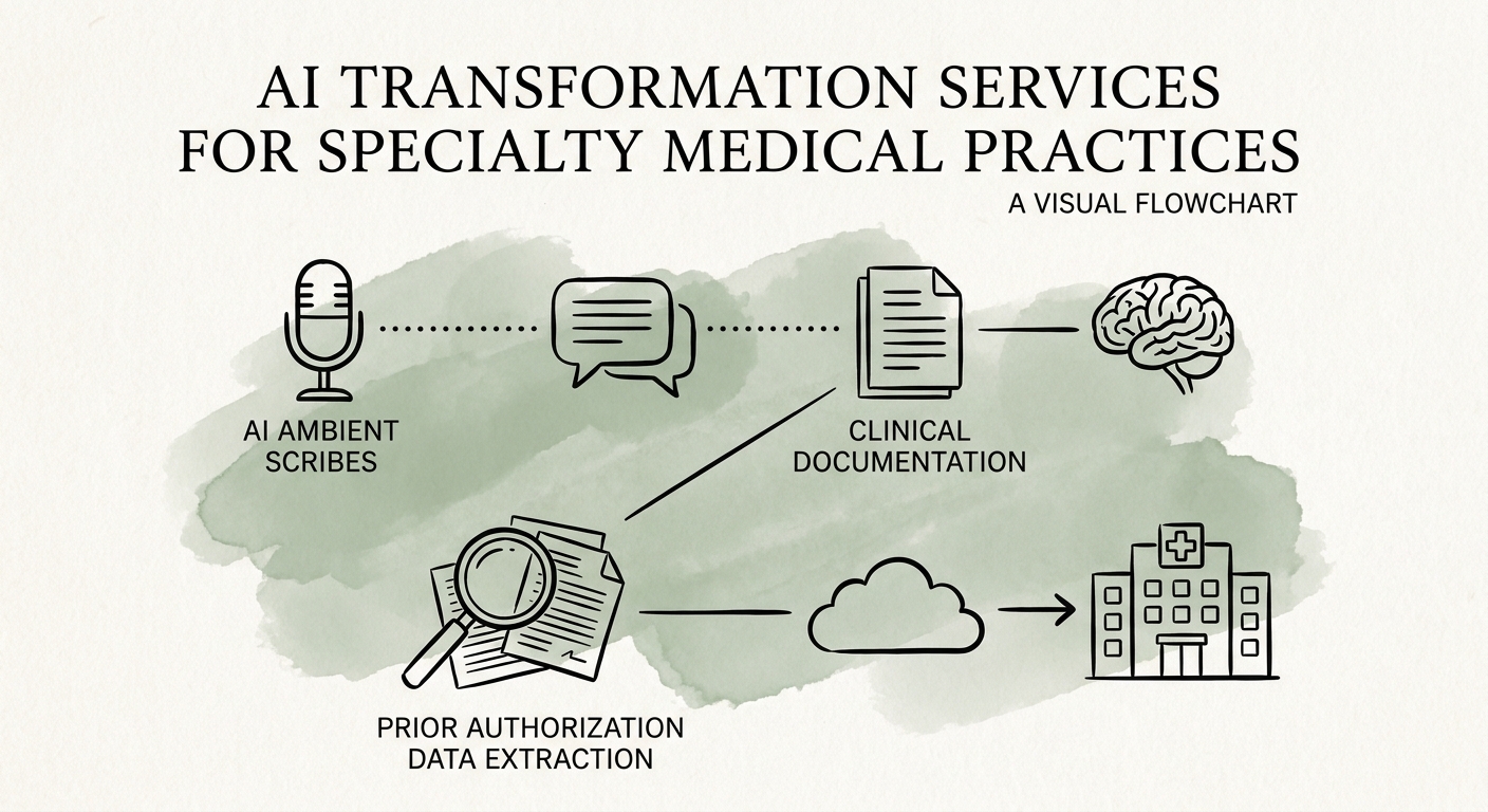 AI workflow map for specialty medical practice intake, authorization support, messaging drafts, and review controls.