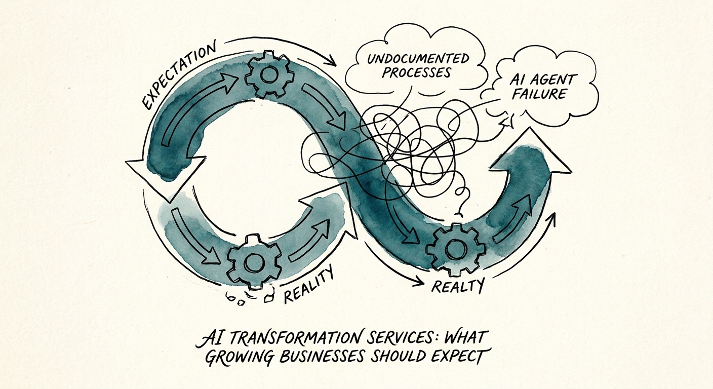 AI transformation workflow connecting source data, owner review, exception handling, measurement, and adoption.