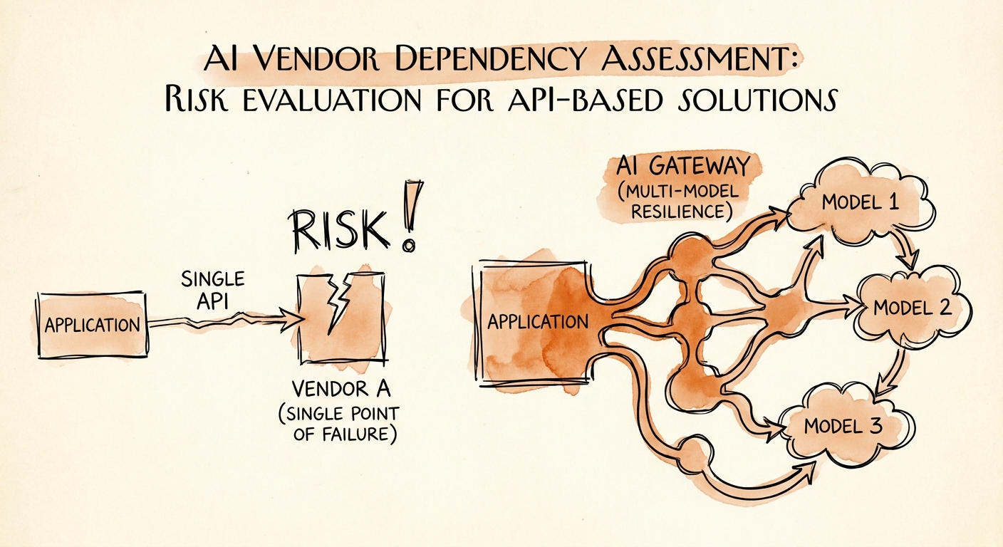 A technical architecture diagram contrasting a brittle single-API connection with a resilient, multi-model AI Gateway.