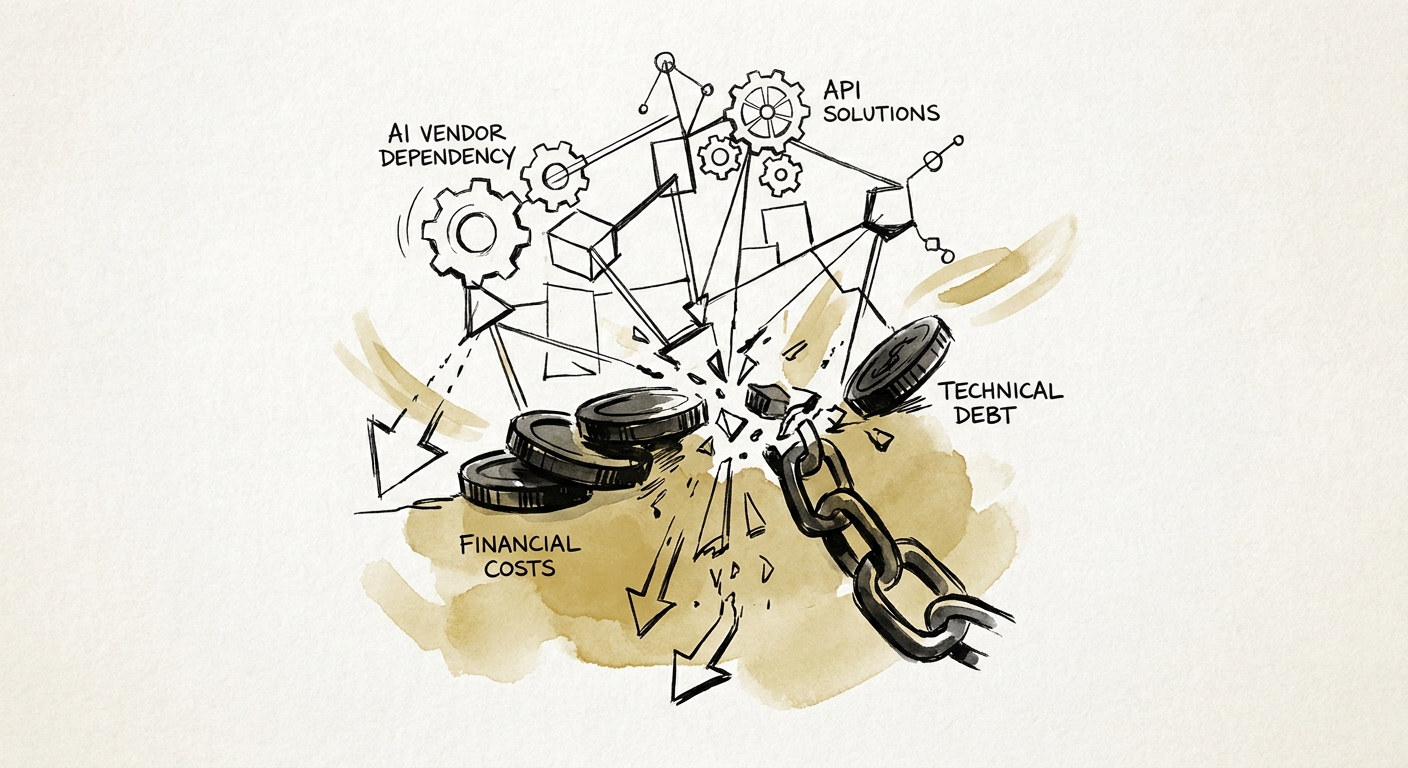Abstract representation of AI API connections breaking under the weight of financial costs and technical debt.
