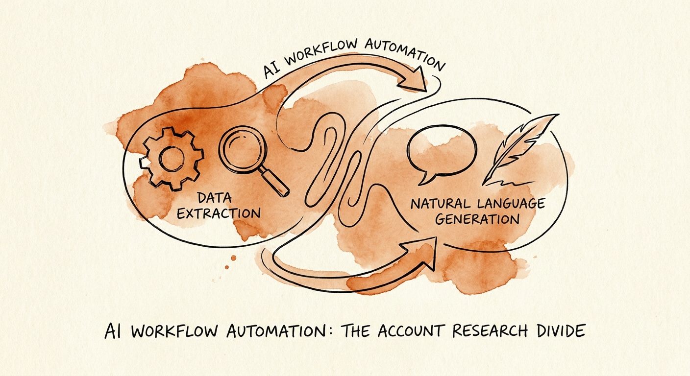 AI account-research workflow separating approved source extraction, synthesis, rep review, and CRM updates.