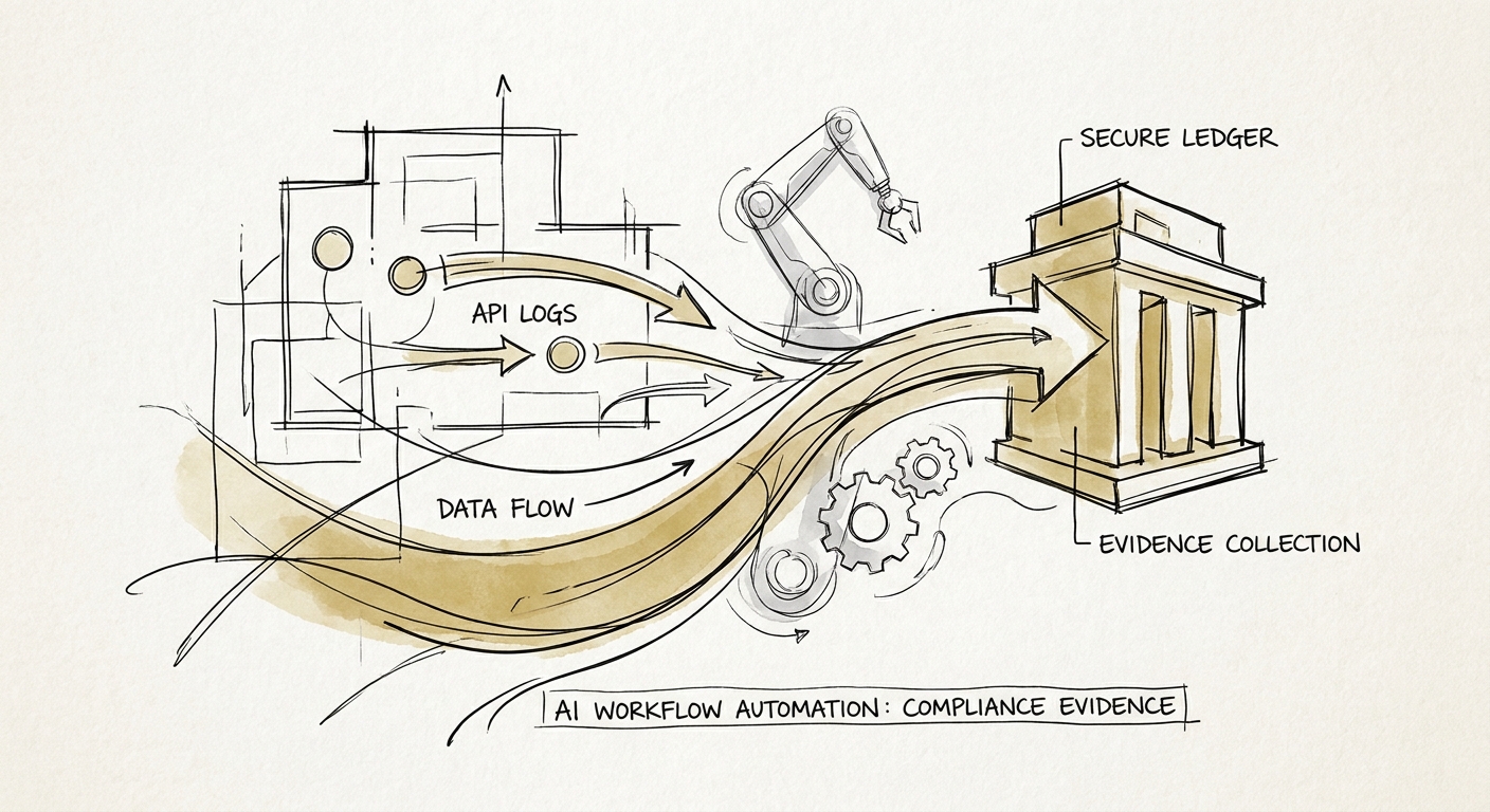 Compliance evidence workflow connecting control requirements, source systems, exception routing, and human approval.