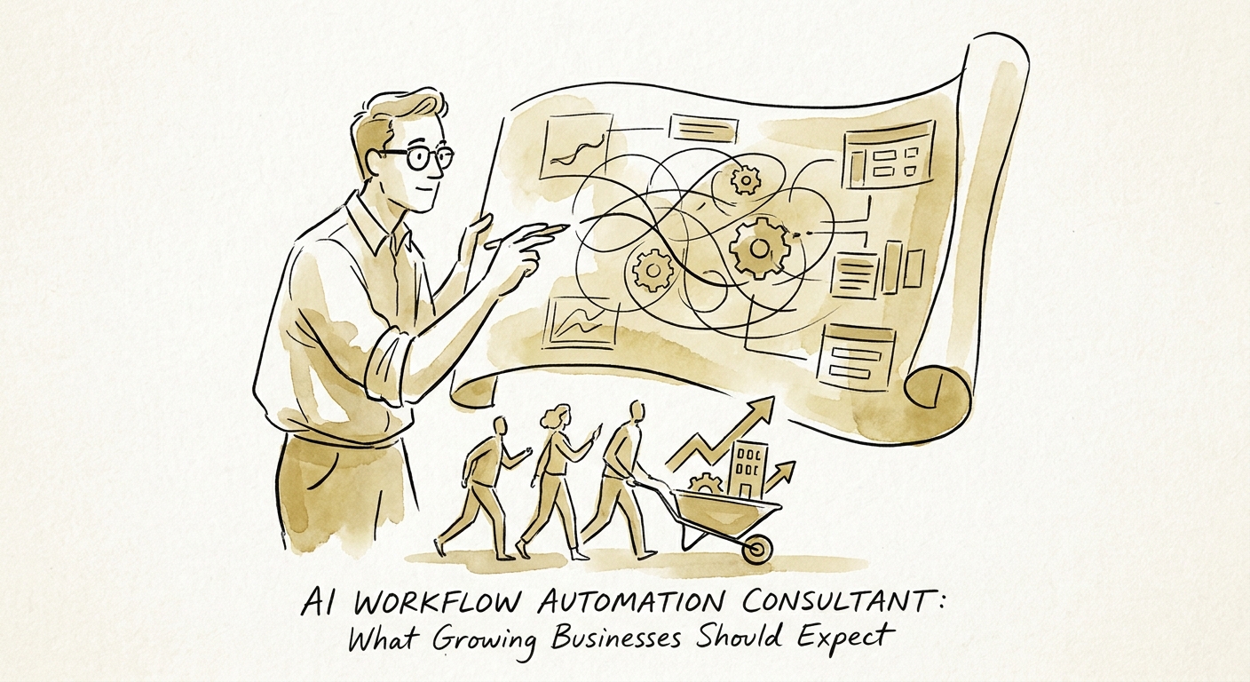 Leadership team reviewing expected AI workflow automation consultant deliverables across process, data, controls, adoption, and metrics.