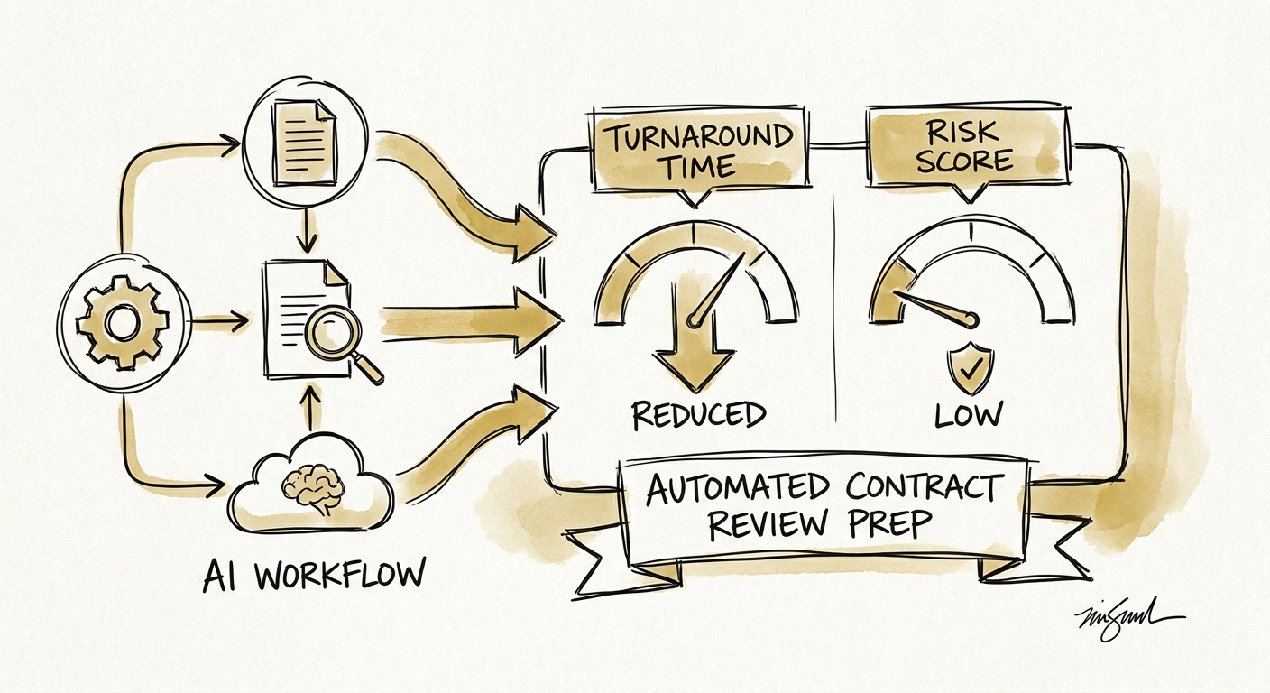 Contract review workflow showing intake, clause extraction, deviation scoring, owner routing, and human approval.