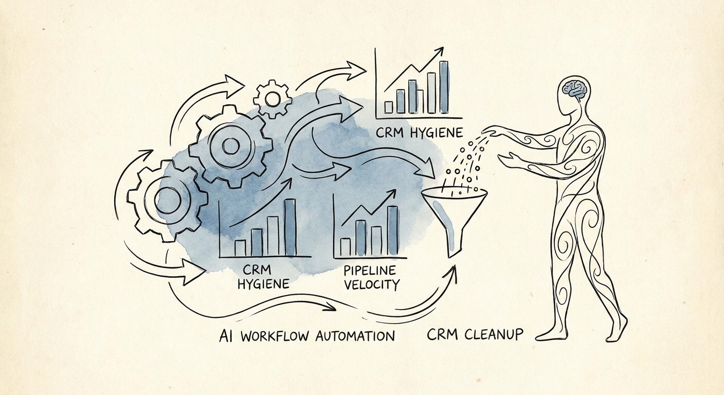 CRM cleanup workflow showing duplicate detection, field validation, owner assignment, confidence score, and human approval queue.