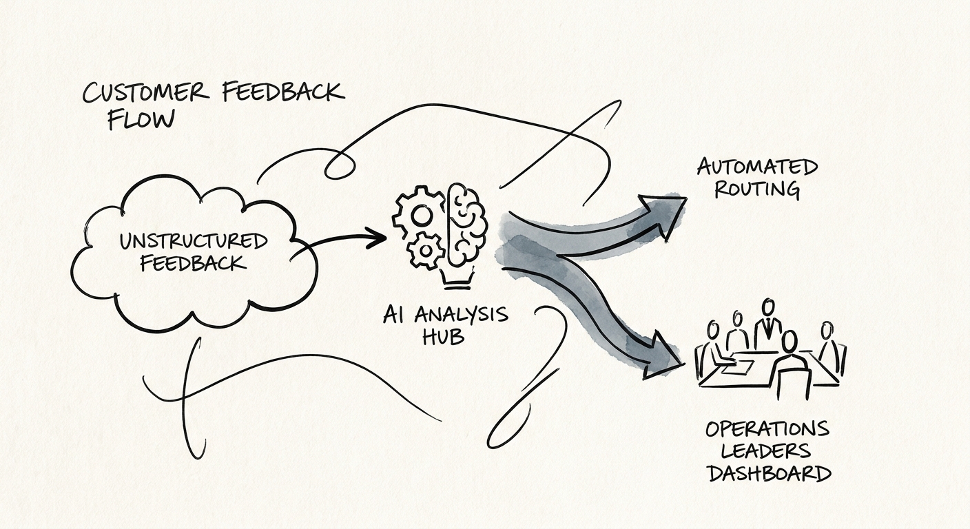 Customer operations team reviewing AI-assisted customer feedback themes and action owners.