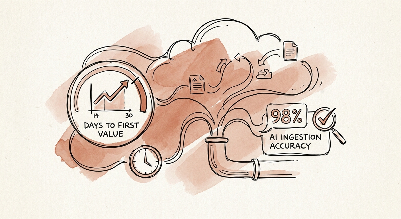 Dashboard showing onboarding intake quality, time to first value, and human review status.