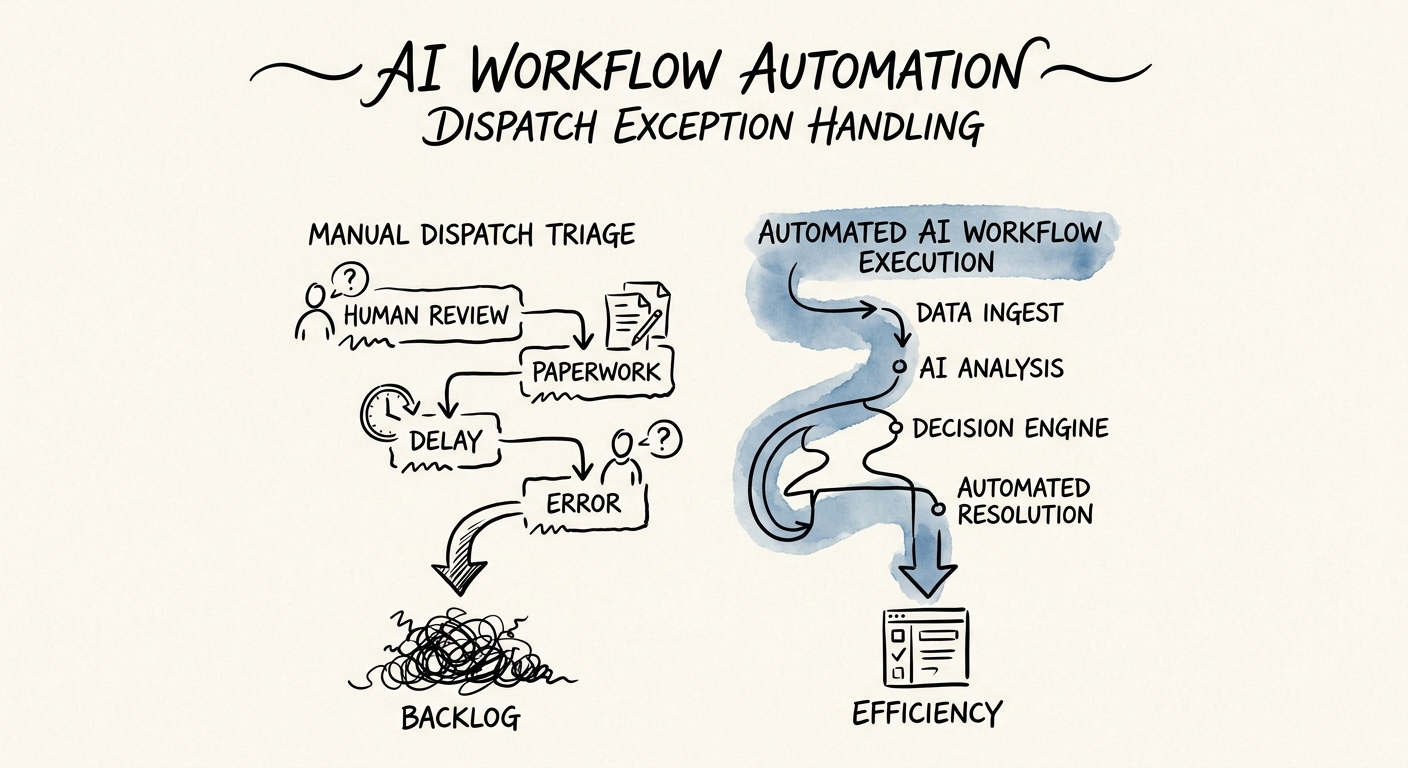 Dispatch exception workflow showing classification, routing, escalation, and service-impact measurement.
