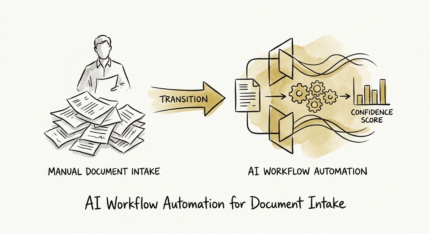 Document intake workflow connecting extraction, confidence checks, human review, and downstream system updates.