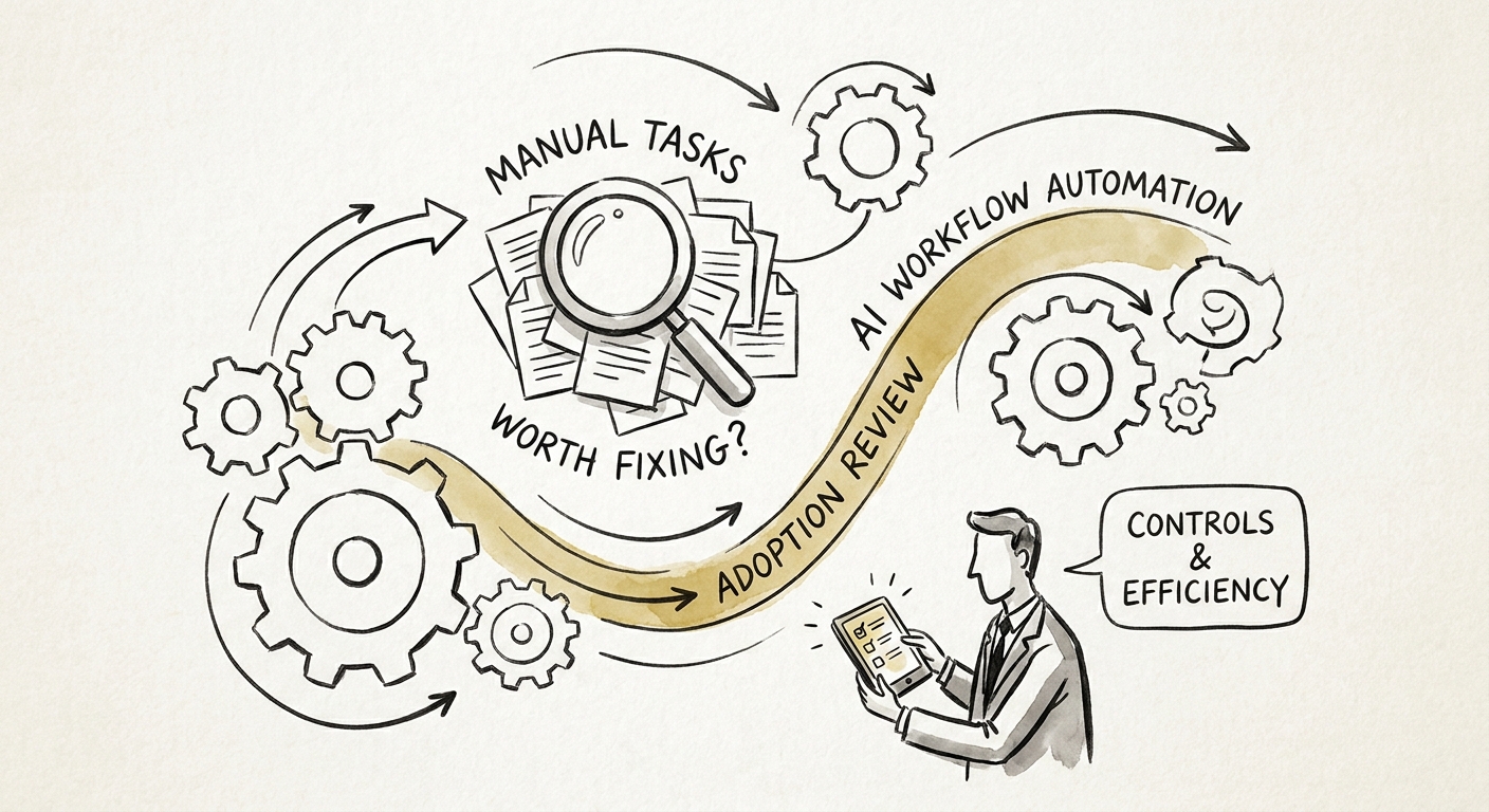 Manual handoffs mapped into a reviewable AI workflow with owners, inputs, and value measures.