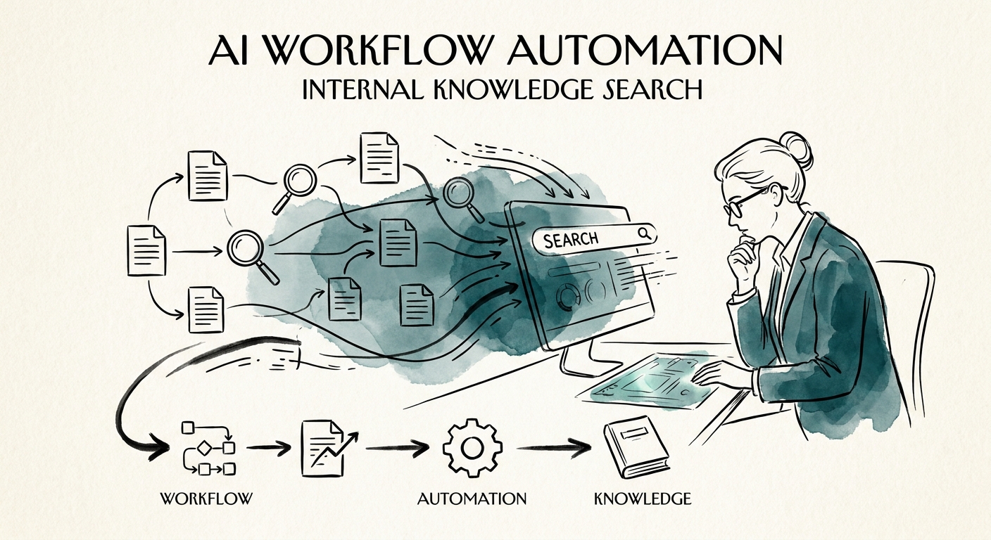 Operations leader reviewing an AI internal knowledge search workflow with source permissions and answer citations.