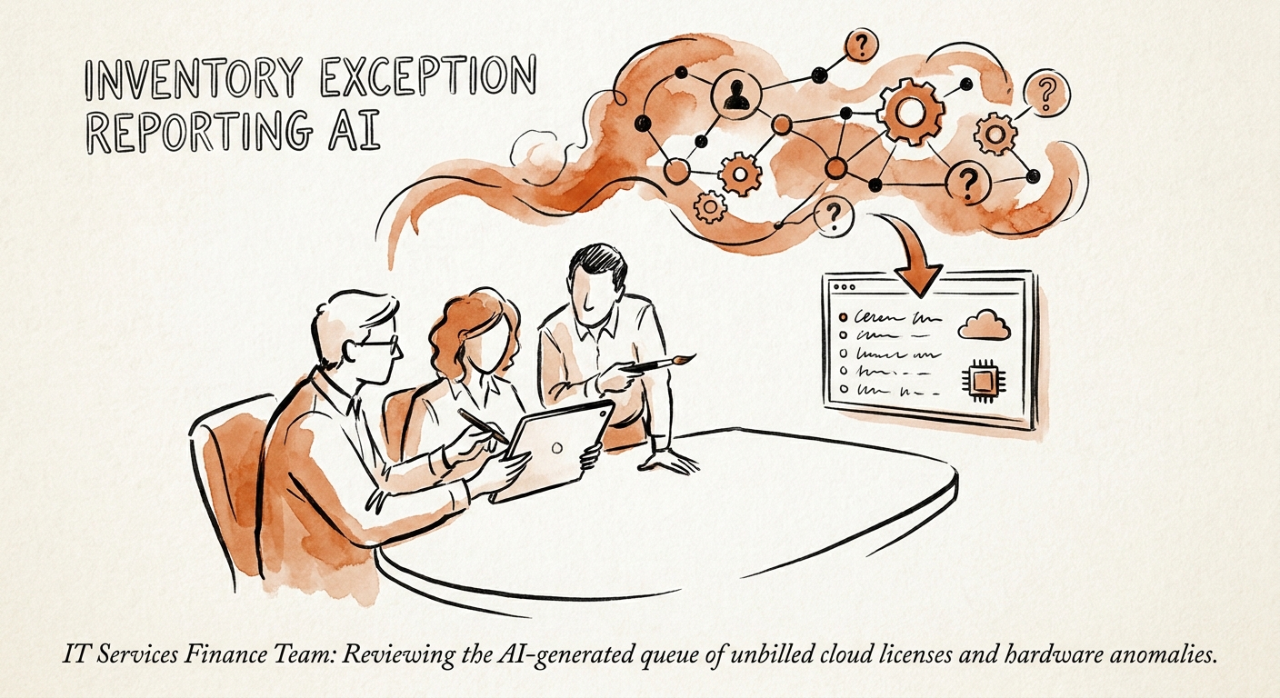 Inventory exception workflow showing source systems, AI summary, reviewer decisions, and service-impact measures.