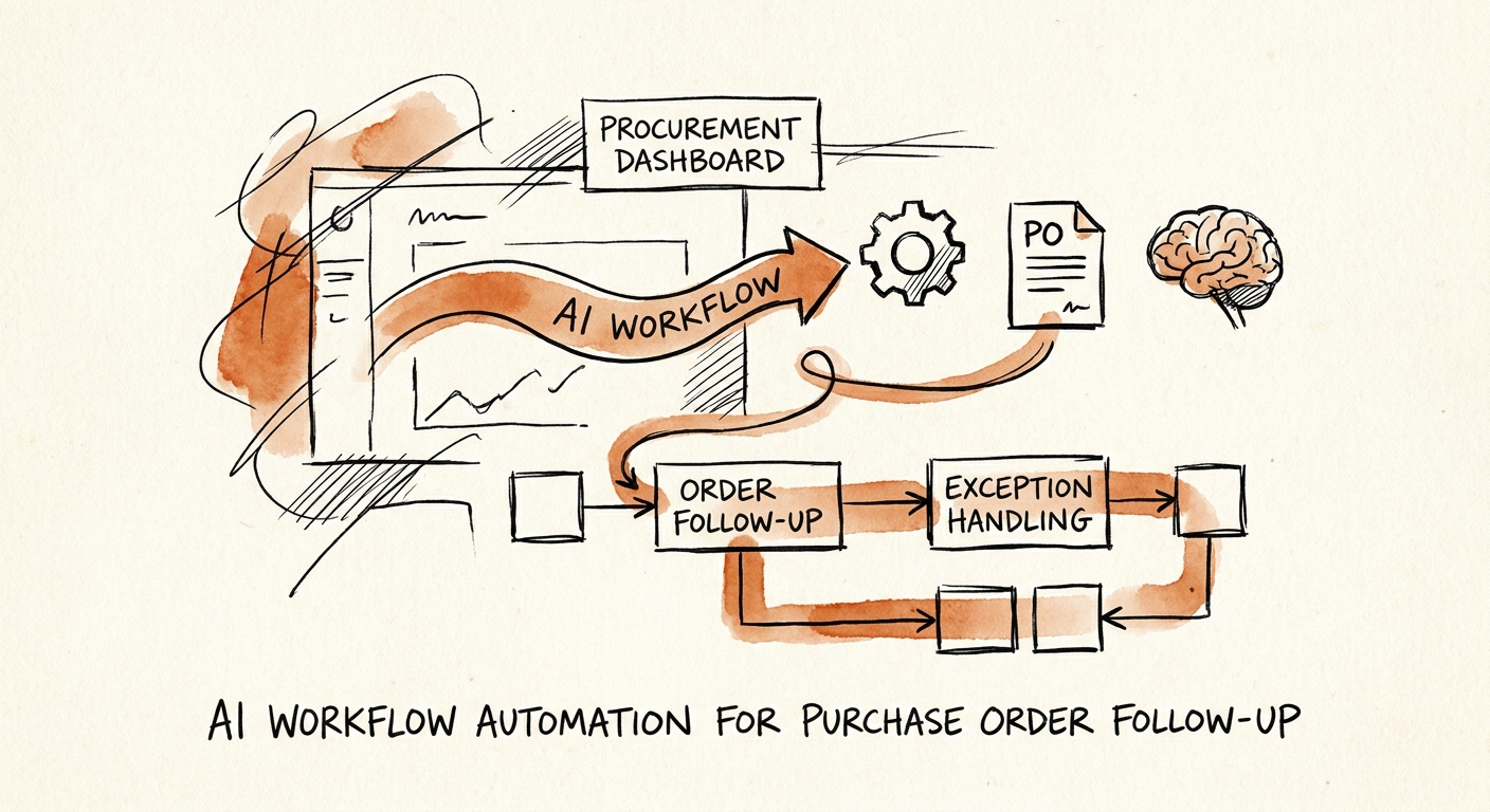 Procurement workflow separating routine supplier follow-up, AI summaries, buyer approval, and ERP updates.