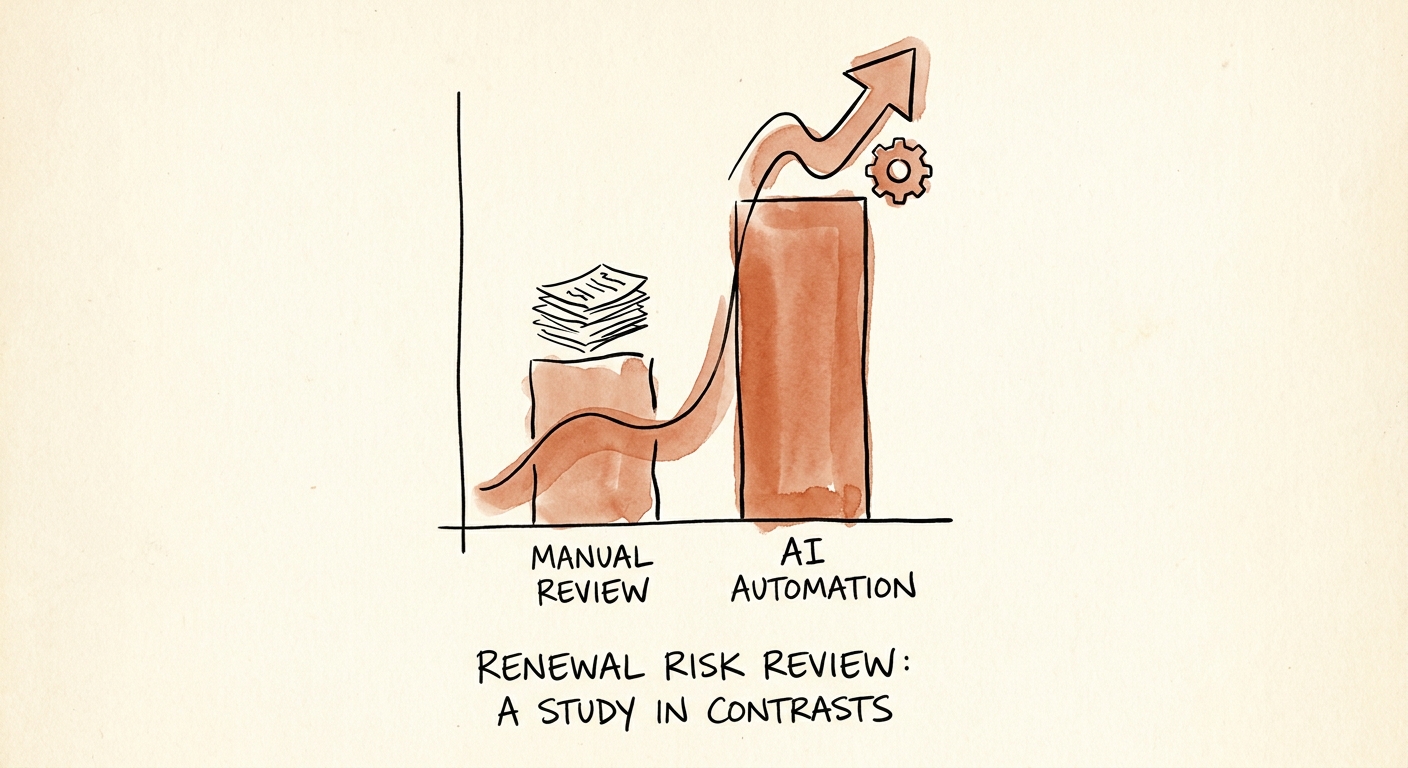 Renewal risk review workflow connecting support tickets, usage signals, CRM notes, and account-owner review.