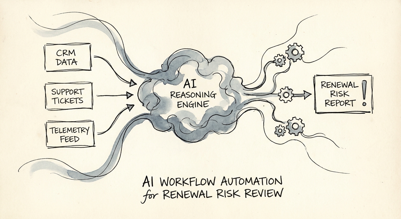 Customer success leader reviewing AI renewal risk signals with service history, usage trends, and commercial context.
