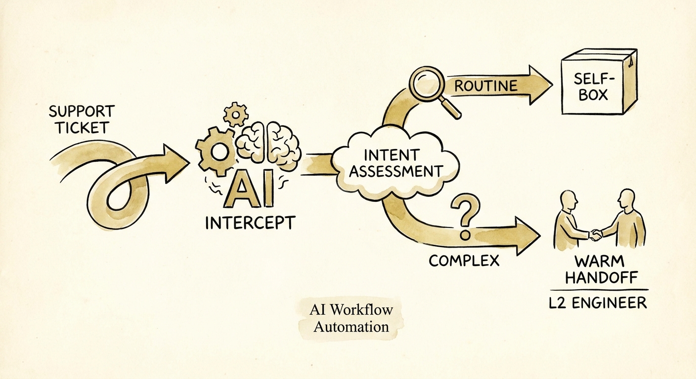Service desk AI workflow showing intake triage, knowledge search, escalation summary, and human review.