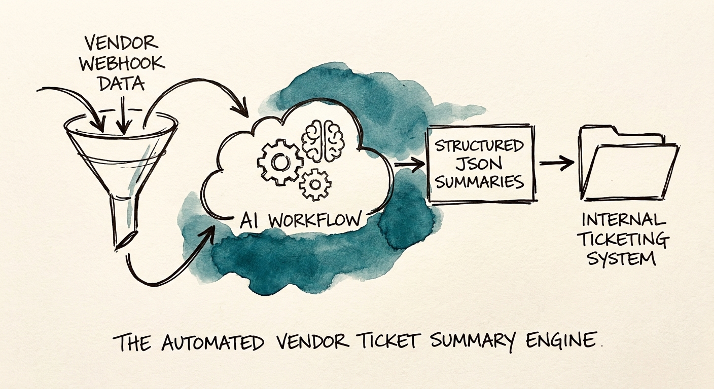 Vendor ticket summary workflow showing intake, context gathering, review, and escalation.
