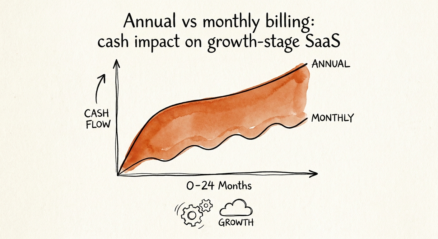 Line graph showing cumulative cash flow of a SaaS customer paying annually versus monthly over a 24-month lifetime.