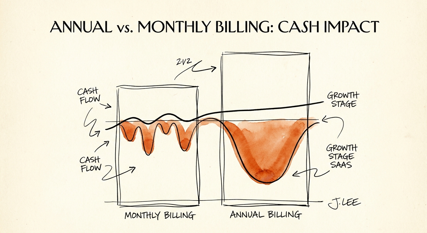 Bar chart comparing SaaS cash flow troughs of monthly versus annual billing models.