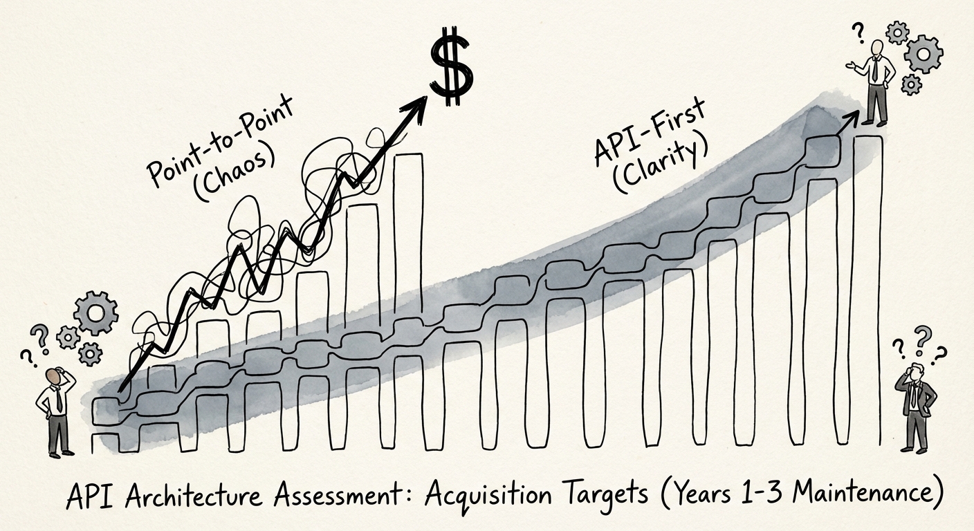 Chart comparing the maintenance costs of point-to-point integrations versus API-first architecture over a 3-year period.