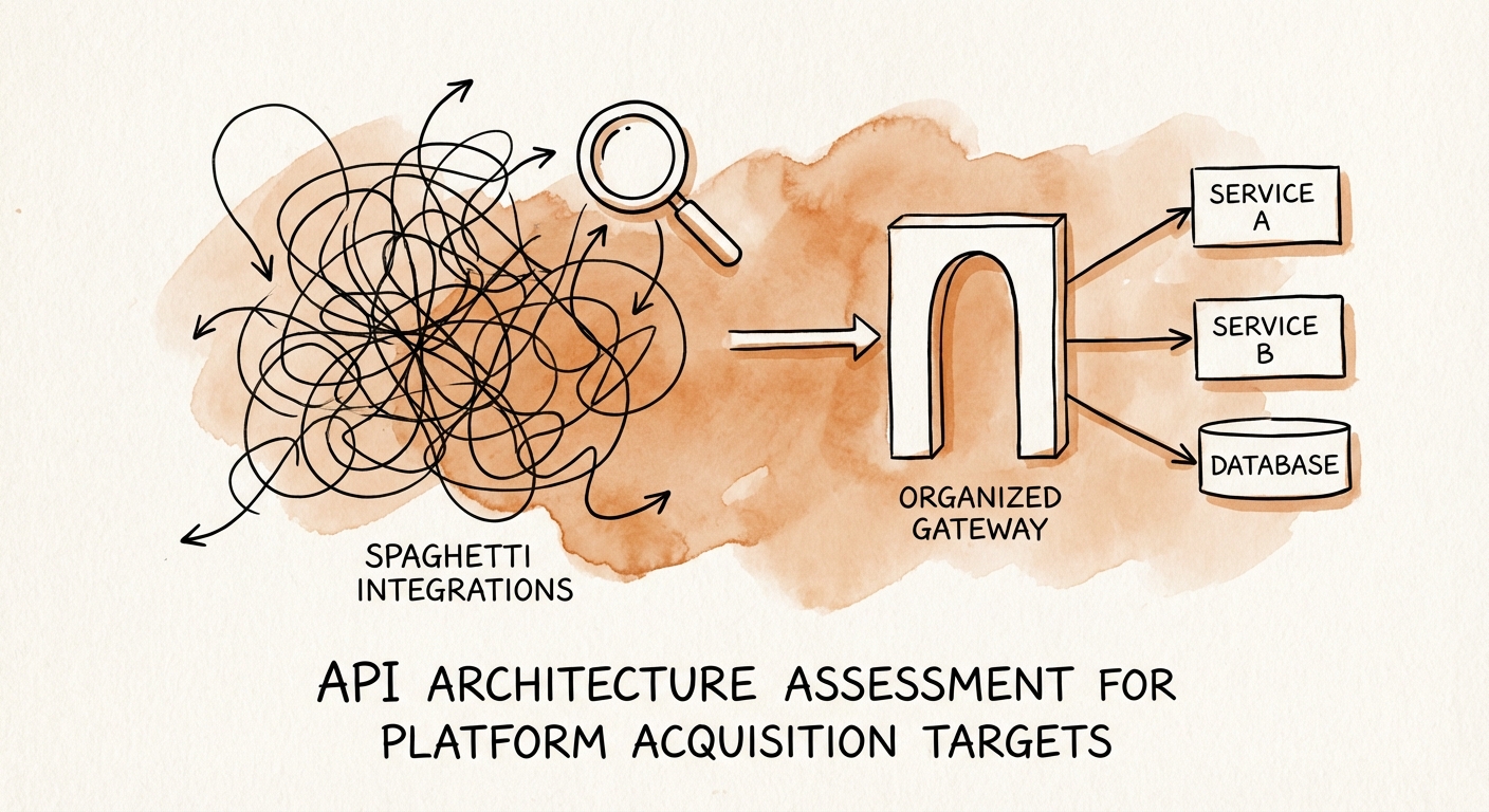 Digital abstract illustration of API connections showing a tangled mess of 'spaghetti' integrations versus a clean, organized API gateway architecture.