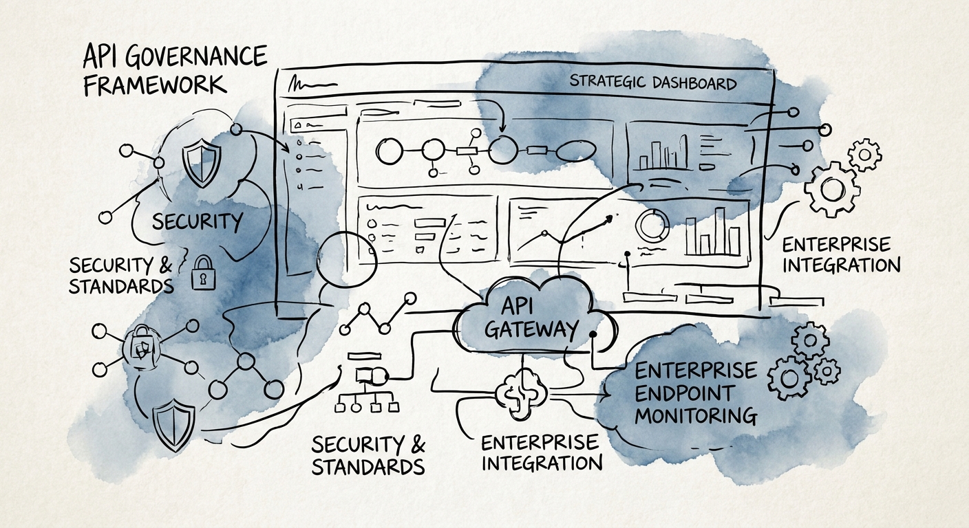 A conceptual dashboard showing API security governance and enterprise endpoint monitoring.